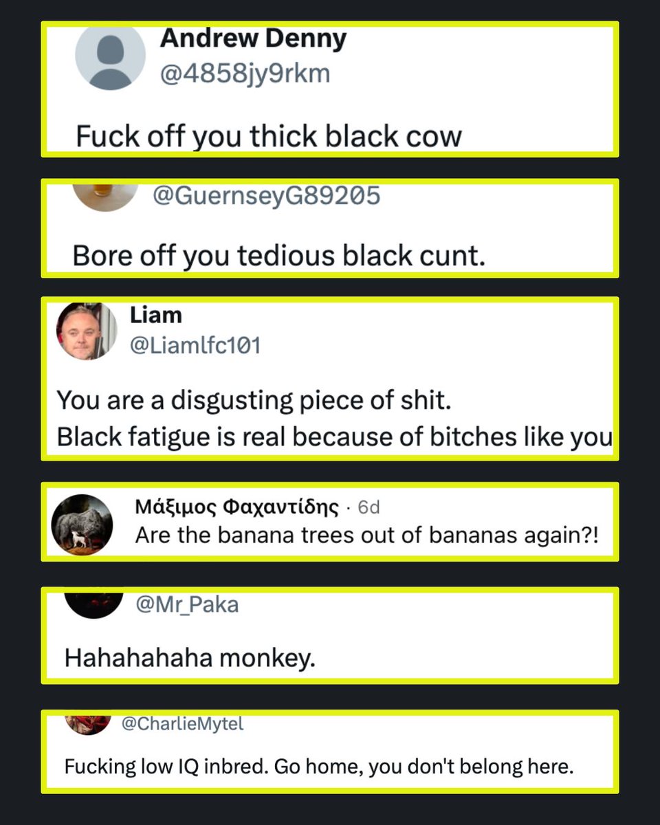 DawnButlerBrent's tweet photo. I’ve been sent an enormous amount of vile racist abuse and threats.

Here's just a fraction. When will platforms take responsibility?

I’ll expose them, hopefully the police will find them. 

More than ever we must stand united against racism, hate &amp; division ✊🏾

#ButlerBlocks https://t.co/BcjVnB3NHg