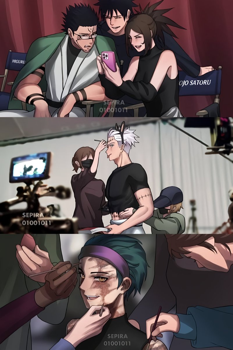 MangaOnichan's tweet photo. Jjk characters On set if it was all fiction and not canon https://t.co/veqXs34HpC