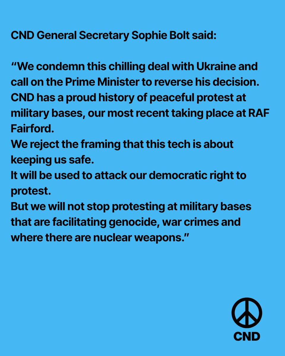 CNDuk's tweet photo. CND condemns British deal with Ukraine which will use AI ‘battle-tested’ tech to target protestors at British military bases. It is a chilling attack on our right to protest. Burnham must reverse this decision now! https://t.co/RSDUxWSVFg