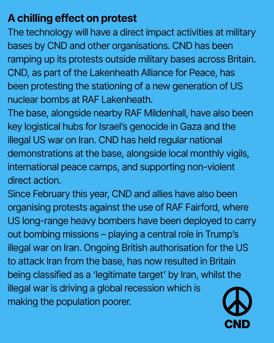 CNDuk's tweet photo. CND condemns British deal with Ukraine which will use AI ‘battle-tested’ tech to target protestors at British military bases. It is a chilling attack on our right to protest. Burnham must reverse this decision now! https://t.co/RSDUxWSVFg