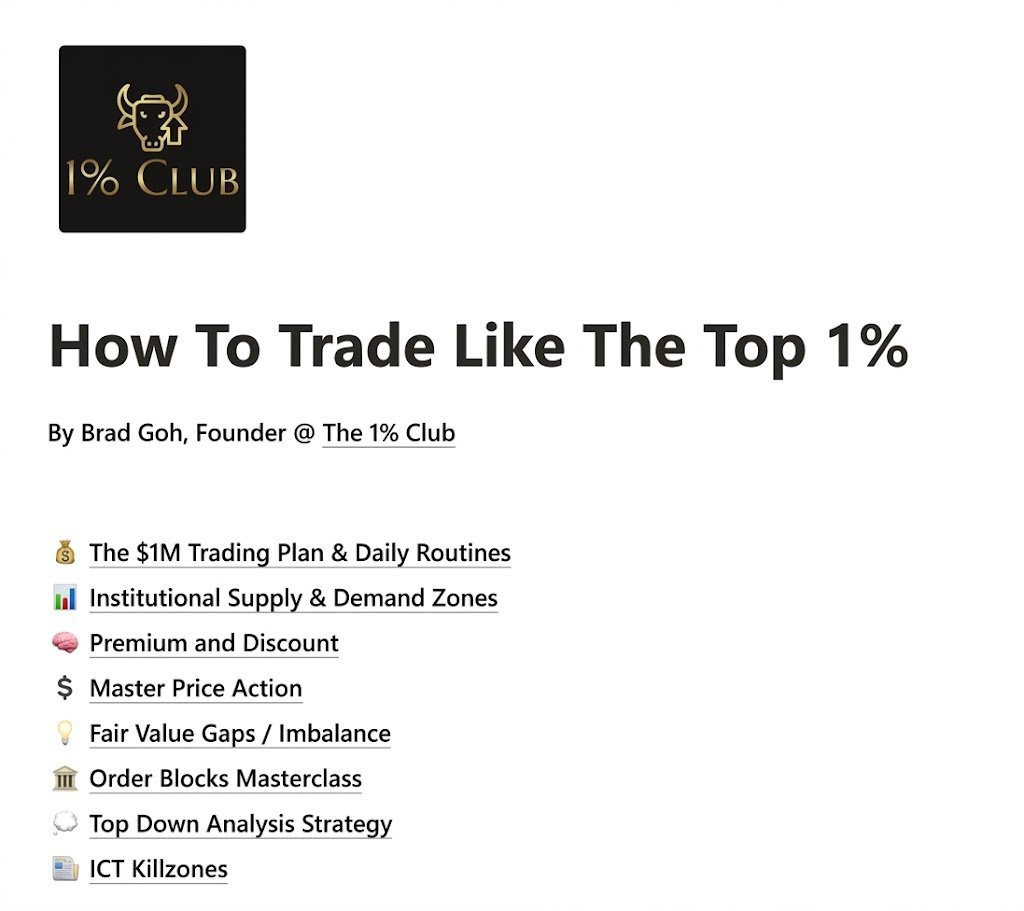 Bradgohtrades's tweet photo. Just created a complete trading workbook covering my $1M trading plan, institutional supply and demand zones, mastering price action, and MORE.

I shared this with hundreds of students in the 1% club.

For 24 hrs, it's yours for FREE.

Like + comment "WORKBOOK" and I'll DM it. https://t.co/eqZ5NHhOVA