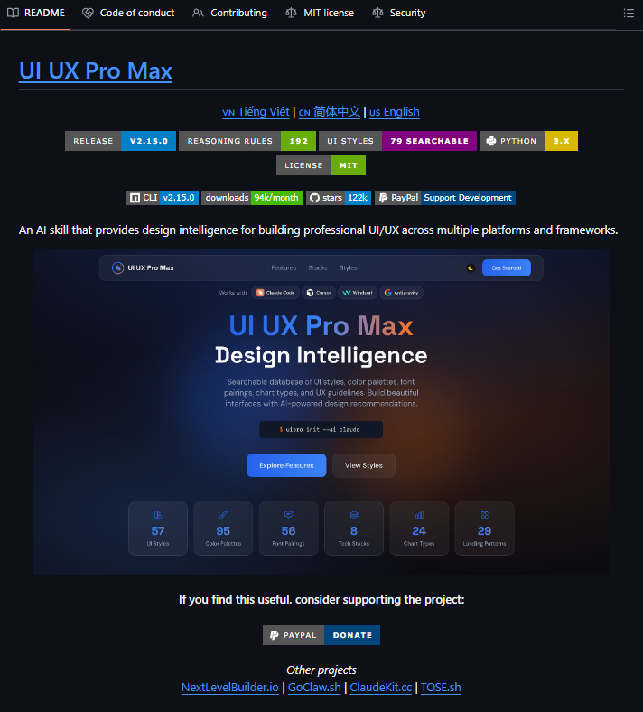 robiartec's tweet photo. ESTE REPO CON 121K STARS LE DA A TU AGENTE DE CÓDIGO INTELIGENCIA DE DISEÑO PROFESIONAL EN SEGUNDOS

El problema de generar UI con IA no es el código, es que el agente no sabe qué estilo usar, qué colores encajan con tu industria ni qué tipografía tiene sentido. Lo adivina y el resultado se nota.

UI UX Pro Max le da al agente un motor de razonamiento de diseño real:

→ 192 reglas específicas por industria: spa, fintech, SaaS, healthcare, gaming...
→ Genera el sistema de diseño completo antes de escribir una línea de código
→ 79 estilos UI buscables: glassmorphism, bento grid, brutalism, neumorphism...
→ 74 combinaciones tipográficas y 192 paletas de color alineadas por sector
→ Anti-patrones incluidos: lo que NO hacer según tu industria
→ Compatible con Claude Code, Cursor, Windsurf, Codex, Gemini y 15 agentes más

Un comando y tu agente deja de adivinar el diseño.

Repo en los comentarios