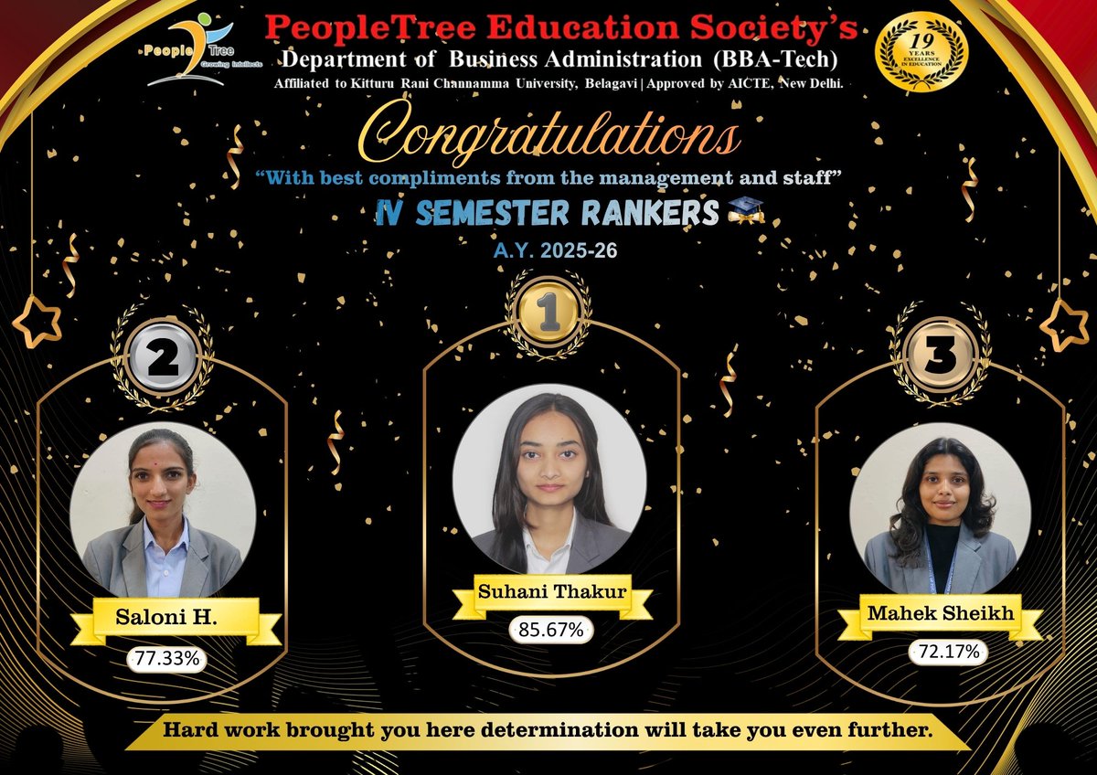 peopletree6's tweet photo. Congratulations to our 4th Semester Rankers! 🎓🏆! 👏
Keep learning, keep growing, and continue to inspire others with your excellence.🚀🎓

“Excellence is not a destination; it is a journey of continuous growth and achievement.” 💫

#PeopleTreeCollege #BBAtech https://t.co/7Do8vBbIhG