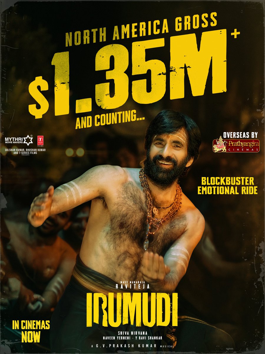 PrathyangiraUS's tweet photo. THE CARNIVAL OF CELEBRATIONS CONTINUES ❤️‍🔥

#IRUMUDI NORTH AMERICA GROSS $1.35M and Counting 🔥✨

Overseas by @PrathyangiraUS, In Cinemas Now

@RaviTeja_offl @priya_Bshankar @ShivaNirvana @gvprakash @MythriOfficial @TSeries https://t.co/uPy4GKJQ4T