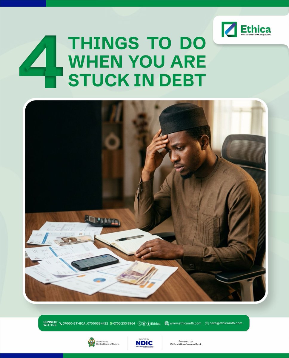EthicaNG's tweet photo. Being stuck in debt can feel overwhelming, but it doesnโt mean youโre stuck forever.
Swipe through for 4 practical things you can do to get back on track.
#SmartMoneyMoves #DebtManagement #PersonalFinance https://t.co/bBtWz9WPbW