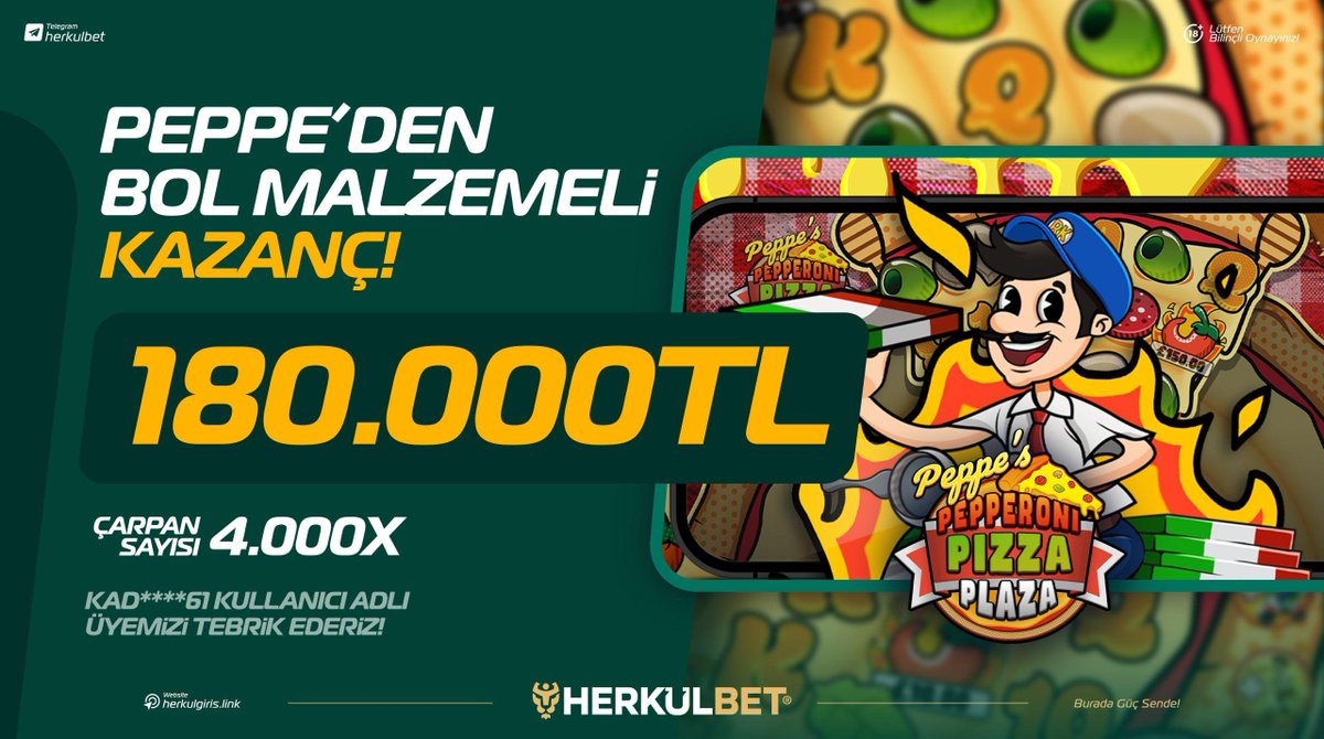 Herkullgroup's tweet photo. 🥳 𝗣𝗘𝗣𝗣𝗘’𝗗𝗘𝗡

𝗕𝗢𝗟 𝗠𝗔𝗟𝗭𝗘𝗠𝗘𝗟İ 𝗞𝗔𝗭𝗔𝗡Ç!

💰 180.000 TL KAZANÇ

🔥 4.000X ÇARPAN

🌟 𝟰.𝟬𝟬𝟬𝗫’i yakalayan üyemizi tebrik ederiz!

🎮 𝗛𝗘𝗠𝗘𝗡 𝗢𝗬𝗡𝗔
https://t.co/yn7lflRqBW

🥳Paylaşılan kazançlar, HERKULBET platformunda gerçekleşen gerçek oyun ve bahis oturumlarına aittir.*

🔞 18+ | Lütfen bilinçli oynayın.