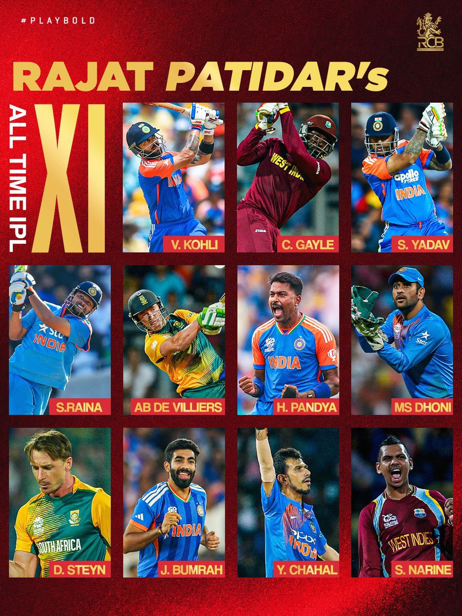 RCBTweets's tweet photo. Presenting 𝐂𝐚𝐩𝐭𝐚𝐢𝐧 𝐑𝐚𝐣𝐚𝐭 𝐏𝐚𝐭𝐢𝐝𝐚𝐫'𝐬 all-time IPL 𝐗𝐈. 👀

Stacked from the top to the bottom. 😮‍💨❤️‍🔥

📰: Sports Launchpad | #PlayBold #ನಮ್ಮRCB https://t.co/uKpxioycfd