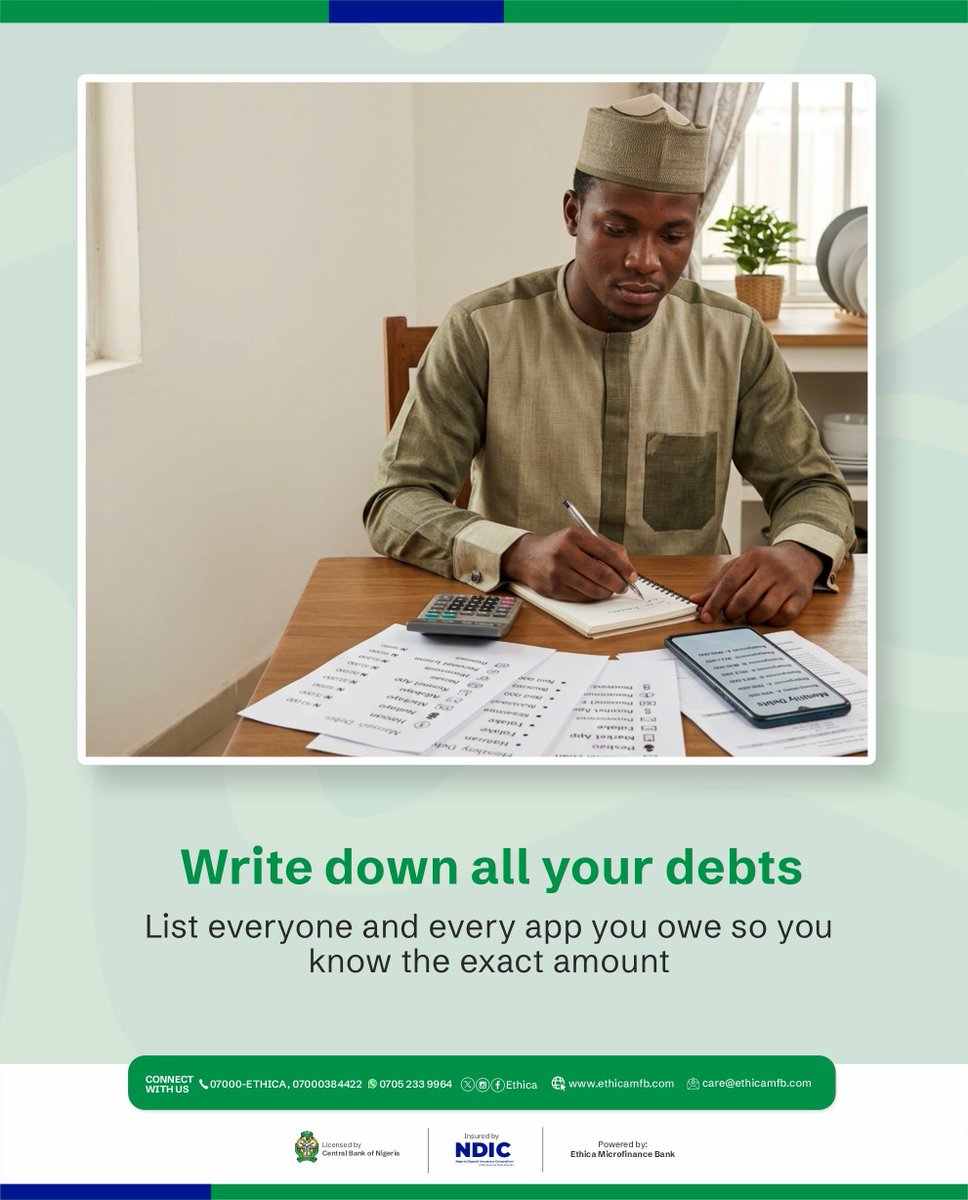 EthicaNG's tweet photo. Being stuck in debt can feel overwhelming, but it doesnโt mean youโre stuck forever.
Swipe through for 4 practical things you can do to get back on track.
#SmartMoneyMoves #DebtManagement #PersonalFinance https://t.co/bBtWz9WPbW