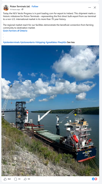 PeterHRatcliffe's tweet photo. Clipped from Facebook. First Export of grain from Picton Ontario port to a non-US destination (Ireland) in 70 years.

This will travel thru the Strait of St. Lawrence direct to Ireland. 

Our habits are changing, our markets widening in many small and expanding ways. https://t.co/gJWTPQmZMN