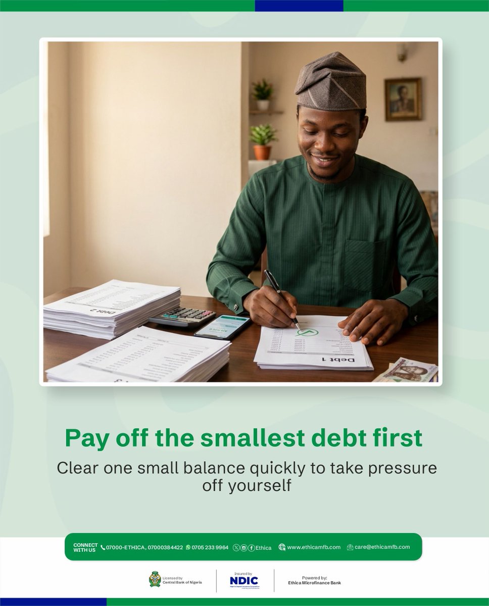 EthicaNG's tweet photo. Being stuck in debt can feel overwhelming, but it doesnโt mean youโre stuck forever.
Swipe through for 4 practical things you can do to get back on track.
#SmartMoneyMoves #DebtManagement #PersonalFinance https://t.co/bBtWz9WPbW