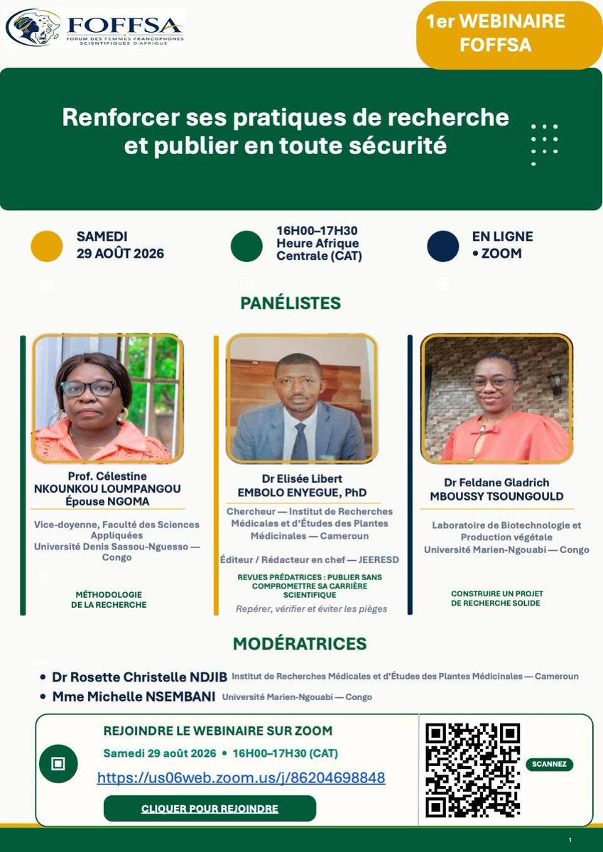 FOFFSA2000's tweet photo. premier webinaire du FOFFSA ce  29 août 2026
 Thème: « Renforcer ses pratiques de recherche et publier en toute sécurité ».

Samedi 29.08 • 16h (CAT) • Zoom • gratuit
https://t.co/Vxq6QAVcGo

#FOFFSA #FemmesEnScience https://t.co/GEjzubgKPu