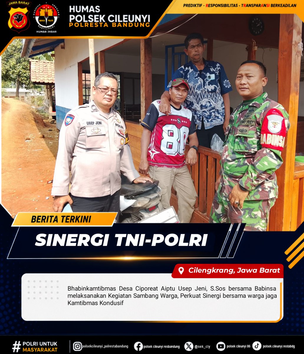 Sek_Cly's tweet photo. Bhabinkamtibmas Desa Ciporeat Aiptu Usep Jeni, S.Sos bersama Babinsa melaksanakan Sambang Warga, Perkuat Sinergi bersama warga jaga kamtibmas Kondusif
#perkuatsilaturahmi https://t.co/PmNhldjxhZ