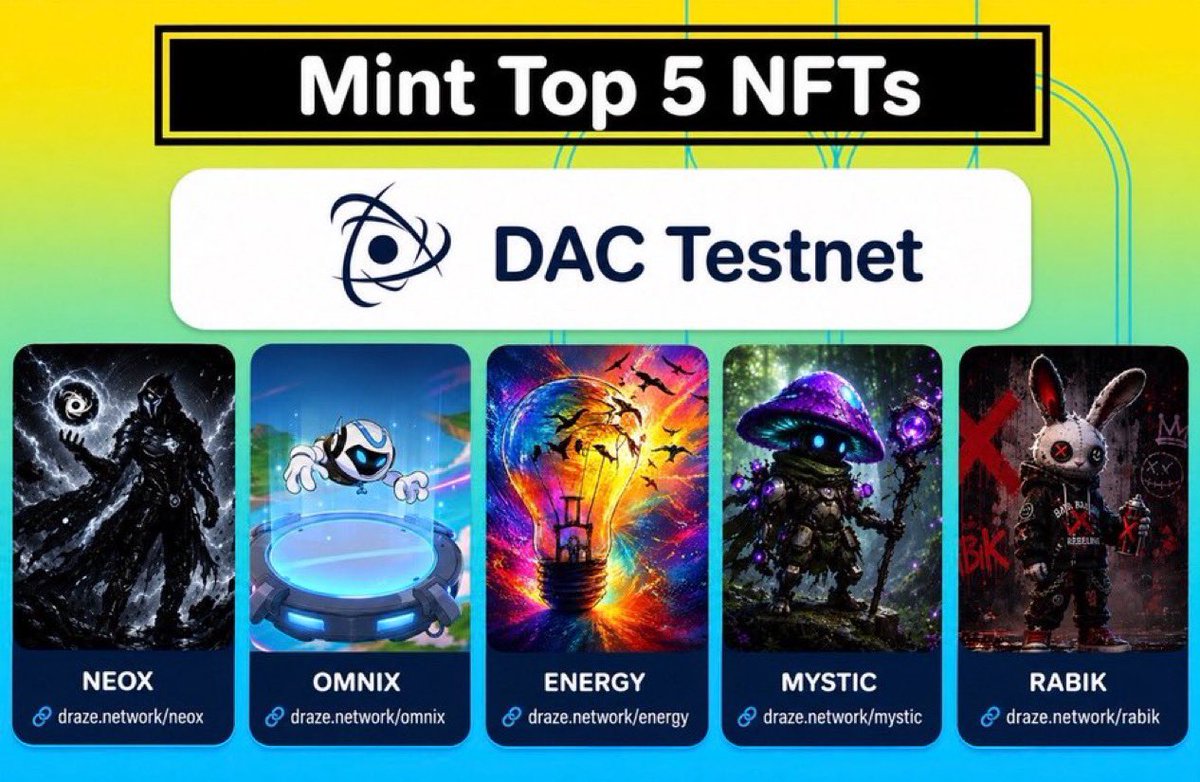 DrazeLab's tweet photo. ✨ Claim the Top 5 NFTs on DAC Testnet ✨

🔗 Neox — https://t.co/NuBrqUdT9G  
🔗 Omnix — https://t.co/NytlpCPHHs  
🔗 Energy — https://t.co/eDRK1sTMhC  
🔗 Mystic — https://t.co/m7SHtzGybO  
🔗 Rabik — https://t.co/V4egZsrfJy  

👉Free Mint + Earn 5000 Xp⭐️

🔁 Retweet + Drop WL https://t.co/WS5h5ZGfJE