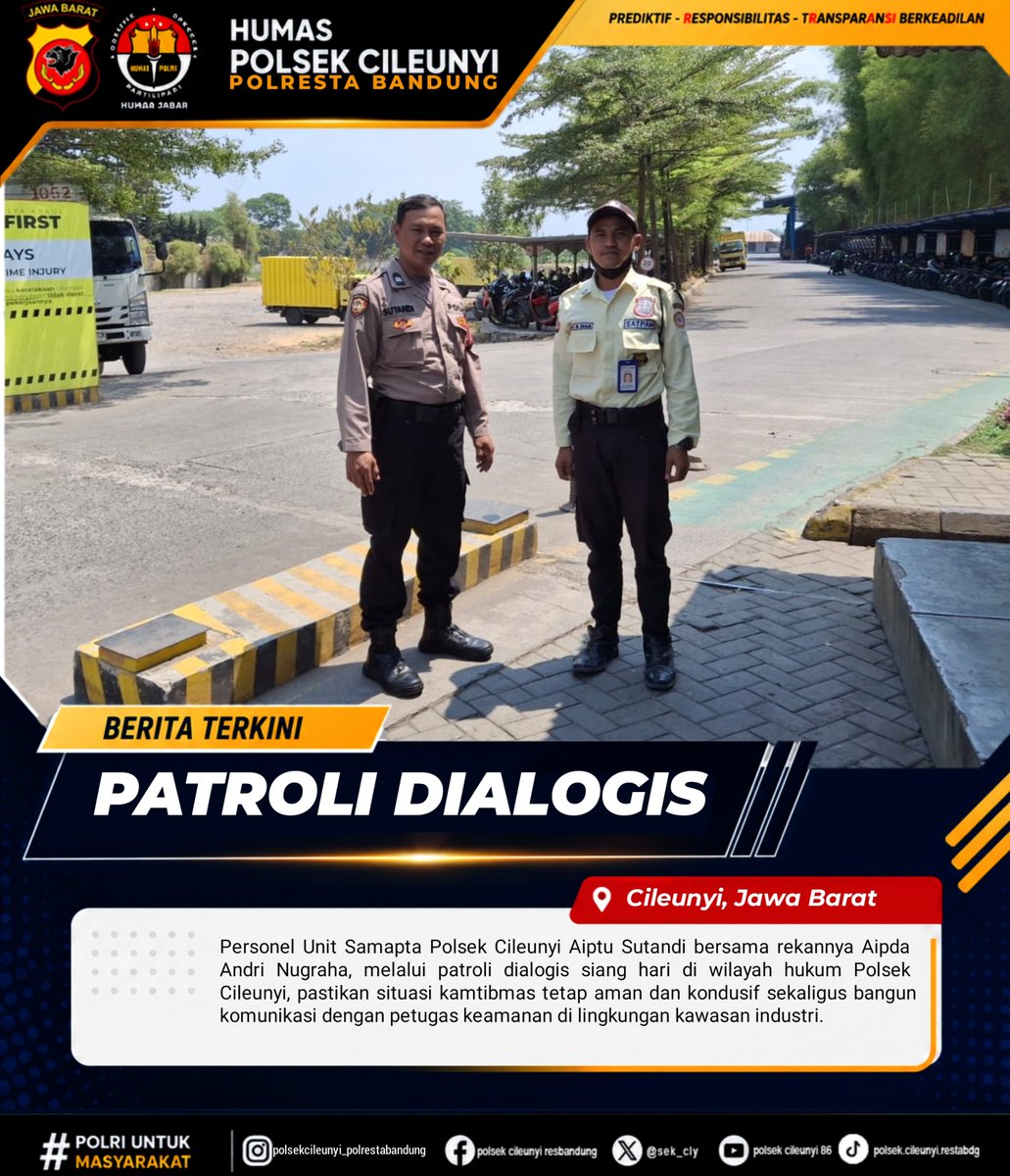 Sek_Cly's tweet photo. Patroli Dialogis Siang Hari, Polsek Cileunyi Sambangi Kantor Desa hingga Kawasan Industri di Cileunyi

Cileunyi — Menjaga keamanan dan ketertiban masyarakat (kamtibmas) membutuhkan kehadiran polisi yang tidak hanya datang ketika terjadi gangguan keamanan https://t.co/qntPCfJF0U