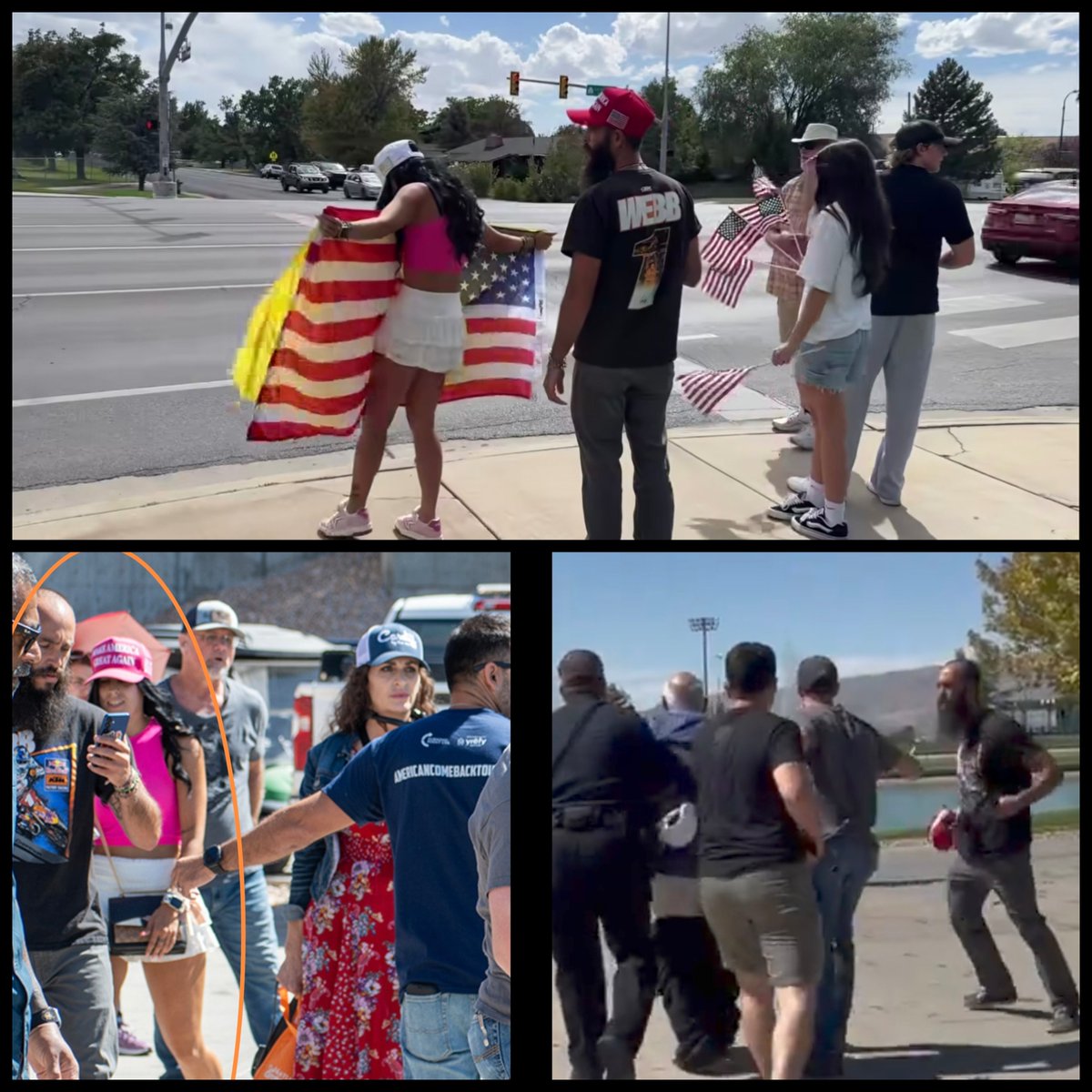 J_Jay_86's tweet photo. ❗Footage day ✌️😎❗funny how those two just walk down, then sit and wait for George Zinn to do his move and follow him! Both of them can be seen at Timpanogos hospital after also... Feds? Allways thought her outfit was weird who goes to a Charlie Kirk event like this - distraction?🤷‍♀️🤦‍♀️ Where did they pick up that flag was it waiting in her purse or the car?