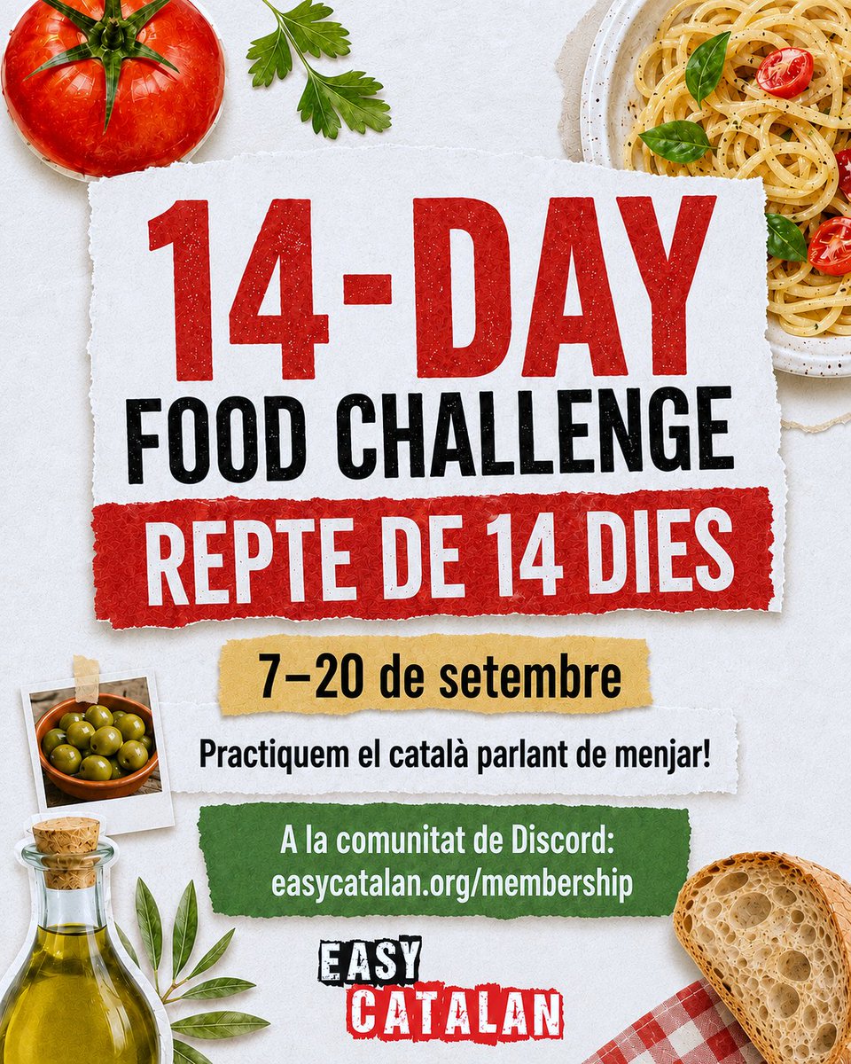 EasyCatalan's tweet photo. 🍽️ Arriba el nou Repte Gastronòmic de 14 Dies!
#challenge #catalan #català #Discord #speak #learn #practicar https://t.co/HKa6GmffCr