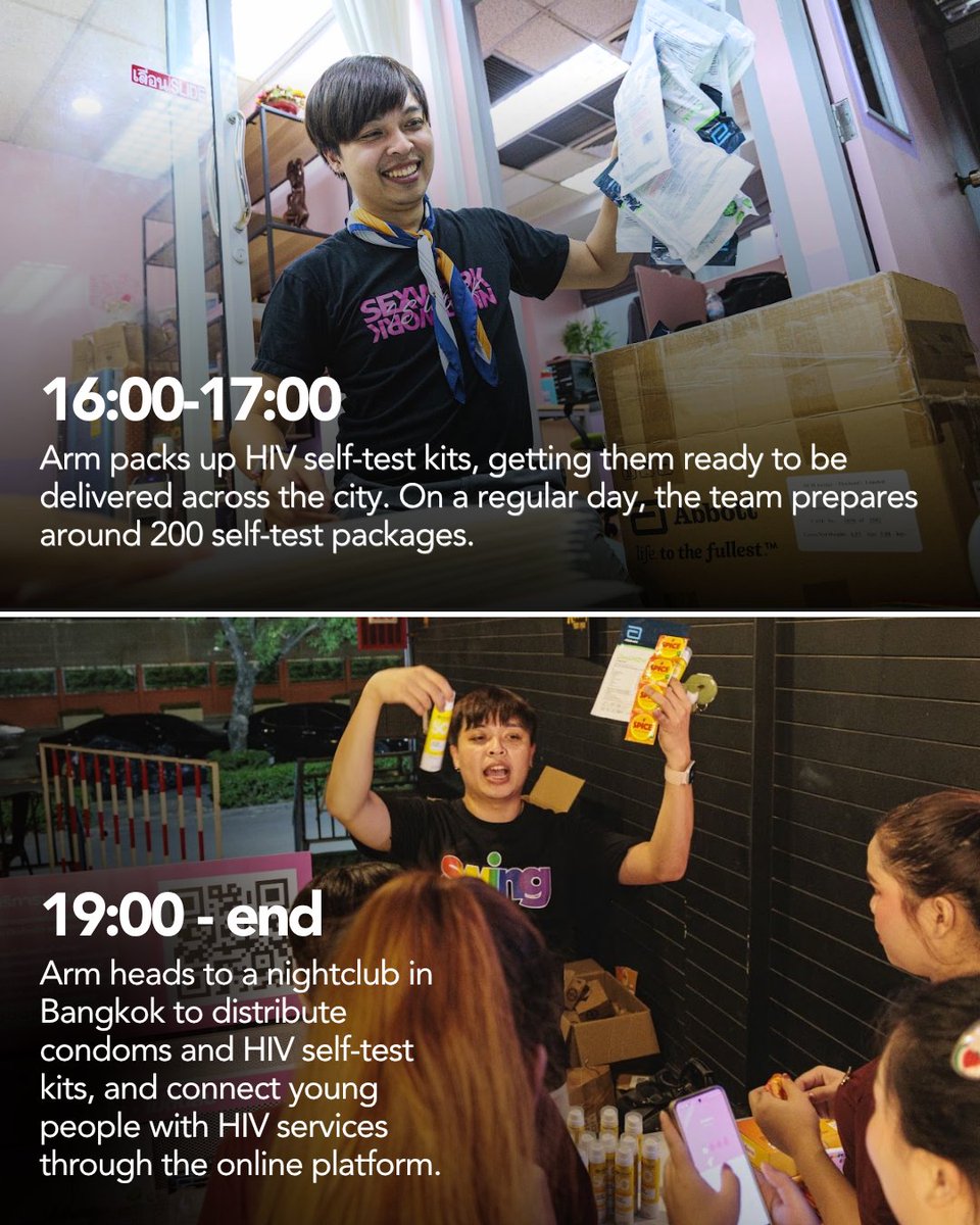 UNAIDS's tweet photo. What does a day in the life of an HIV community worker at @SWINGThailandTH look like?

🤝 Supporting clients at the clinic
📦 Preparing HIV self-test kits
💻 Creating creative ways to reach young people with PrEP
🌙 Taking HIV services into the community

Read Arm's story: https://t.co/U4vD9FvXNV
