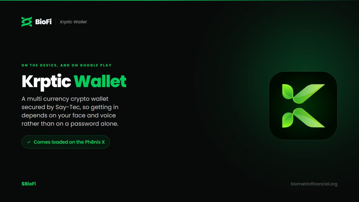 BioFiGlobal's tweet photo. Krptic Wallet comes loaded on every Phēnix X.
A multi currency crypto wallet secured by Say-Tec, so getting in depends on your face and voice rather than on a password alone.
$BioFi https://t.co/qS4ruXaauC