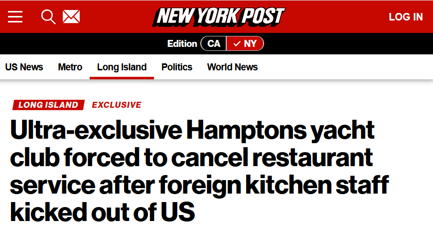 dailyjobcuts's tweet photo. 🧐Ultra-exclusive Hamptons yacht club forced to cancel restaurant service after foreign kitchen staff kicked out of US

⭐️ reportedly charges around $100,000 in initiation fees,  canceled its Wednesday night dinner service after it lost its foreign  cooks, according to a letter sent to members the same day

🇺🇸 Time to Hire American Workers