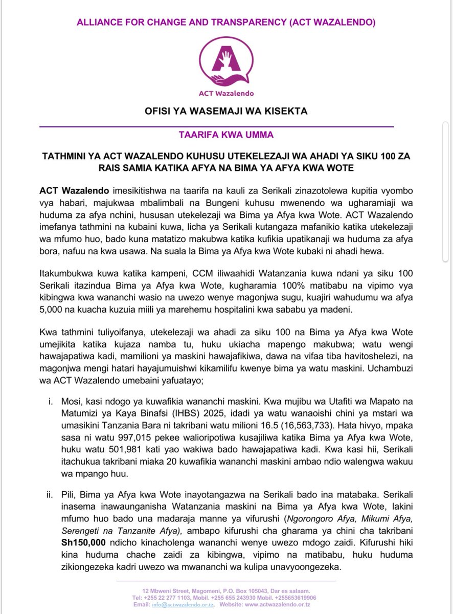 Vicent_Kassala's tweet photo. "Mfumo wa Bima ya Afya chini ya CCM haufai, ni wa kibaguzi na matabaka: Tathmini ya ACT kuhusu Utekelezaji Ahadi ya Siku 100 za Rais Samia katika Afya,Bima ya Afya kwa Wote". Dkt. Elizabeth Benedict Sanga
Waziri Kivuli Afya na Ustawi wa Jamii
@ACTBarazaKivuli.
27 Agosti, 2026. https://t.co/JOo49q50VU