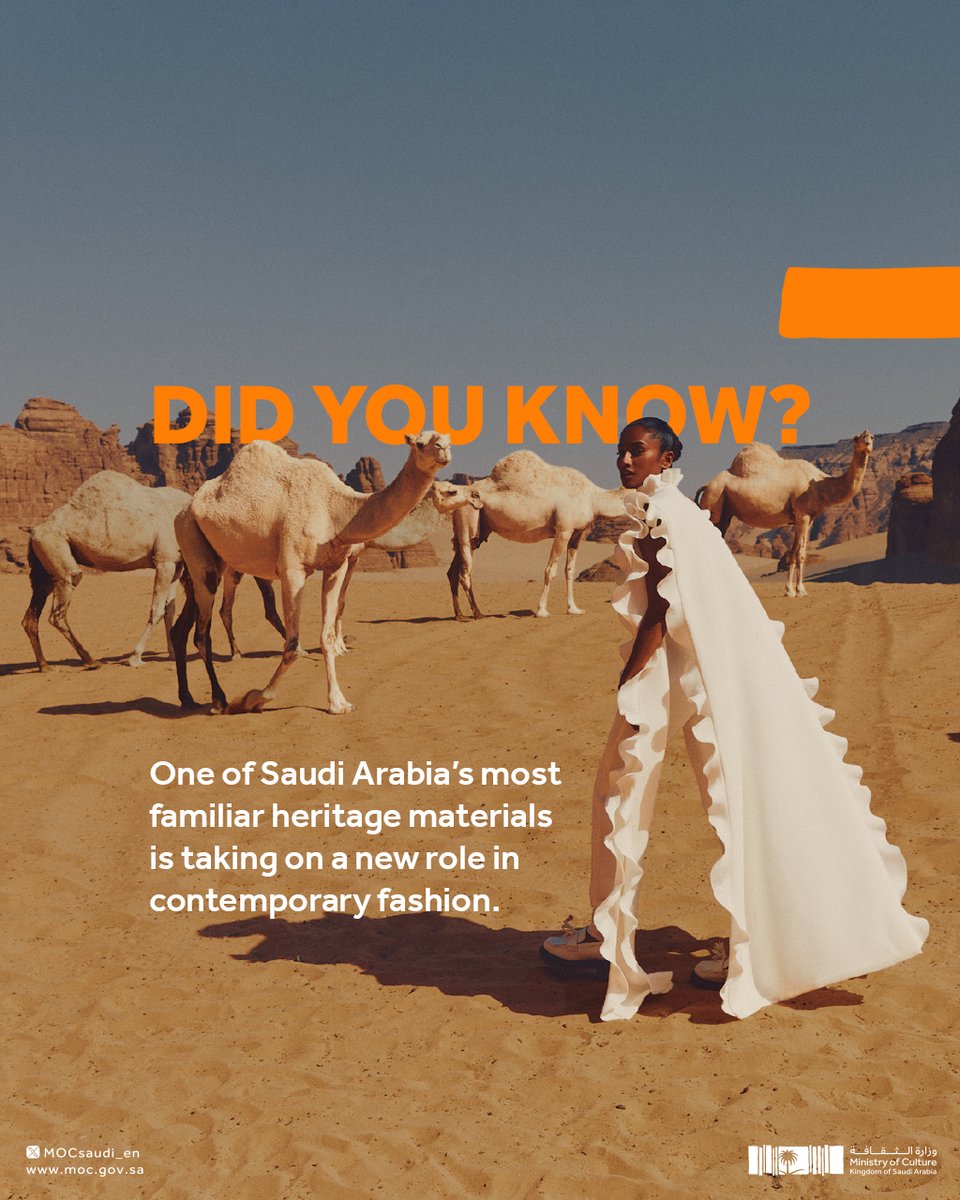 mocsaudi_en's tweet photo. Did you know camels have already made their way from Saudi heritage to contemporary fashion?

From the bisht to leather shoes and bags, camel materials are being reworked into contemporary design. Saudi brand @TamasheeME, led by Muneera Al-Tamimi, uses camel leather to bring Saudi heritage into modern pieces.

Supported by the @FashionMOC, designers are continuing to draw on the Kingdom’s heritage and craftsmanship to shape contemporary fashion.

And the camel’s fashion story travels further: camel hair has appeared in luxury pieces from Louis Vuitton, Prada and Ralph Lauren.

Discover more with #ThreadsOfCulture

#SaudiMinistryOfCulture