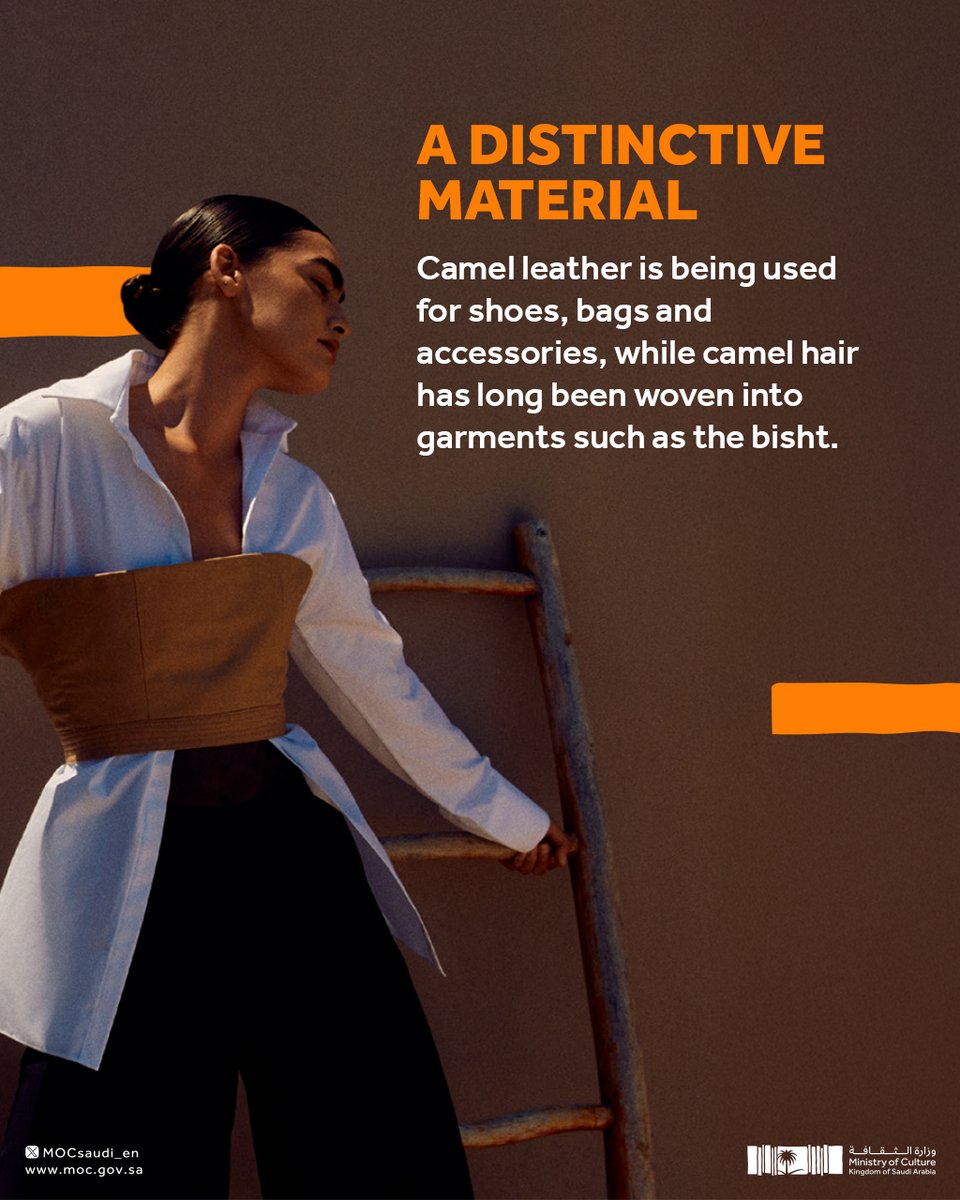 mocsaudi_en's tweet photo. Did you know camels have already made their way from Saudi heritage to contemporary fashion?

From the bisht to leather shoes and bags, camel materials are being reworked into contemporary design. Saudi brand @TamasheeME, led by Muneera Al-Tamimi, uses camel leather to bring Saudi heritage into modern pieces.

Supported by the @FashionMOC, designers are continuing to draw on the Kingdom’s heritage and craftsmanship to shape contemporary fashion.

And the camel’s fashion story travels further: camel hair has appeared in luxury pieces from Louis Vuitton, Prada and Ralph Lauren.

Discover more with #ThreadsOfCulture

#SaudiMinistryOfCulture