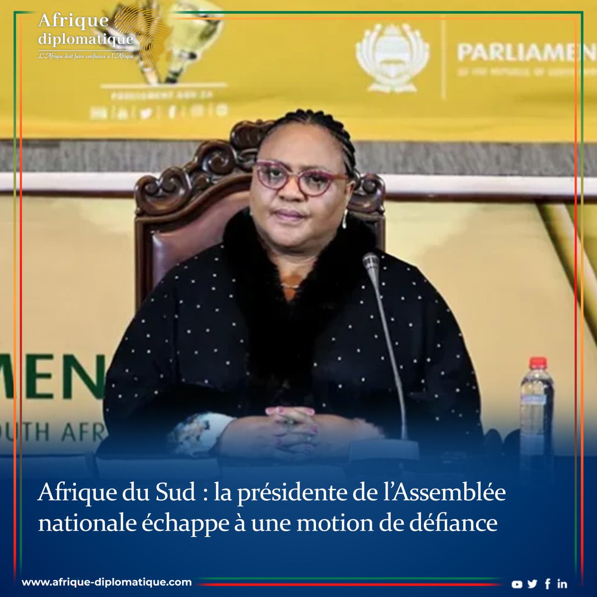 AFRIQUEDIPLOMAT's tweet photo. La présidente de l’Assemblée nationale sud-africaine, Thoko Didiza, a échappé mercredi à une motion de défiance déposée par les Combattants pour la liberté économique (EFF, extrême gauche).

https://t.co/zuGQlKFwZv

#afriquediplomatique https://t.co/fPqDA0XVbS