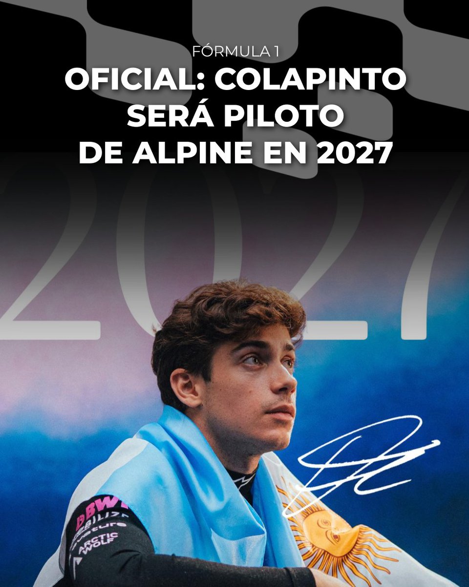 Campeonesnet's tweet photo. #F1 | ✅ ¡RENOVADO!

📝 La escudería Alpine anunció la continuidad de @FranColapinto de cara a la temporada 2027 de la Fórmula 1.

☝️ De esta manera, tendrá su segundo año como piloto titular en el equipo francés. https://t.co/rZS0xvLLEv