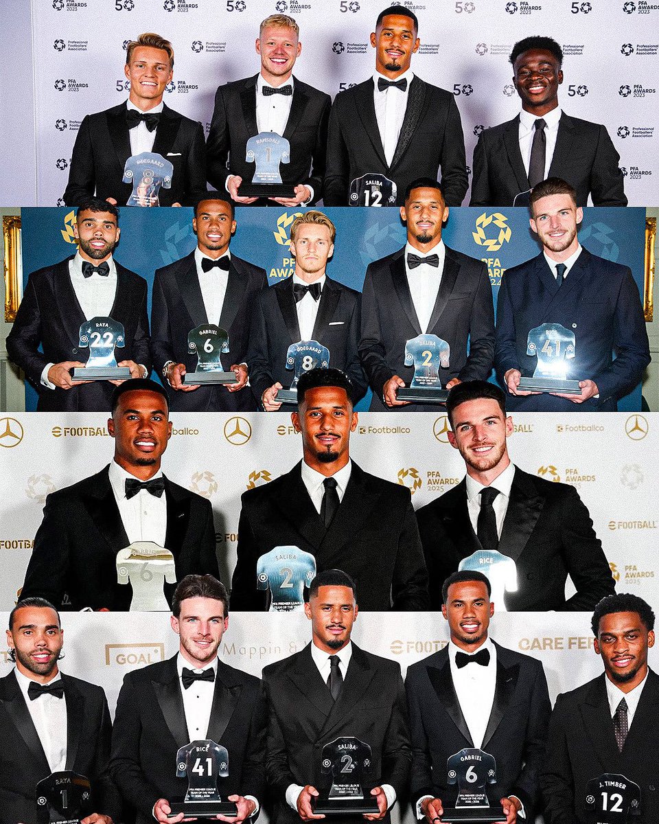 RealFootyMedia's tweet photo. 2023 ➡️ 2024 ➡️ 2025 ➡️ 2026.

William Saliba 🏆🏆🏆🏆
Gabriel Magalhães 🏆🏆🏆
Declan Rice 🏆🏆🏆
David Raya 🏆🏆
Martin Ødegaard 🏆🏆
Aaron Ramsdale 🏆
Bukayo Saka 🏆
Jurrien Timber 🏆 https://t.co/omPPbPHYMz
