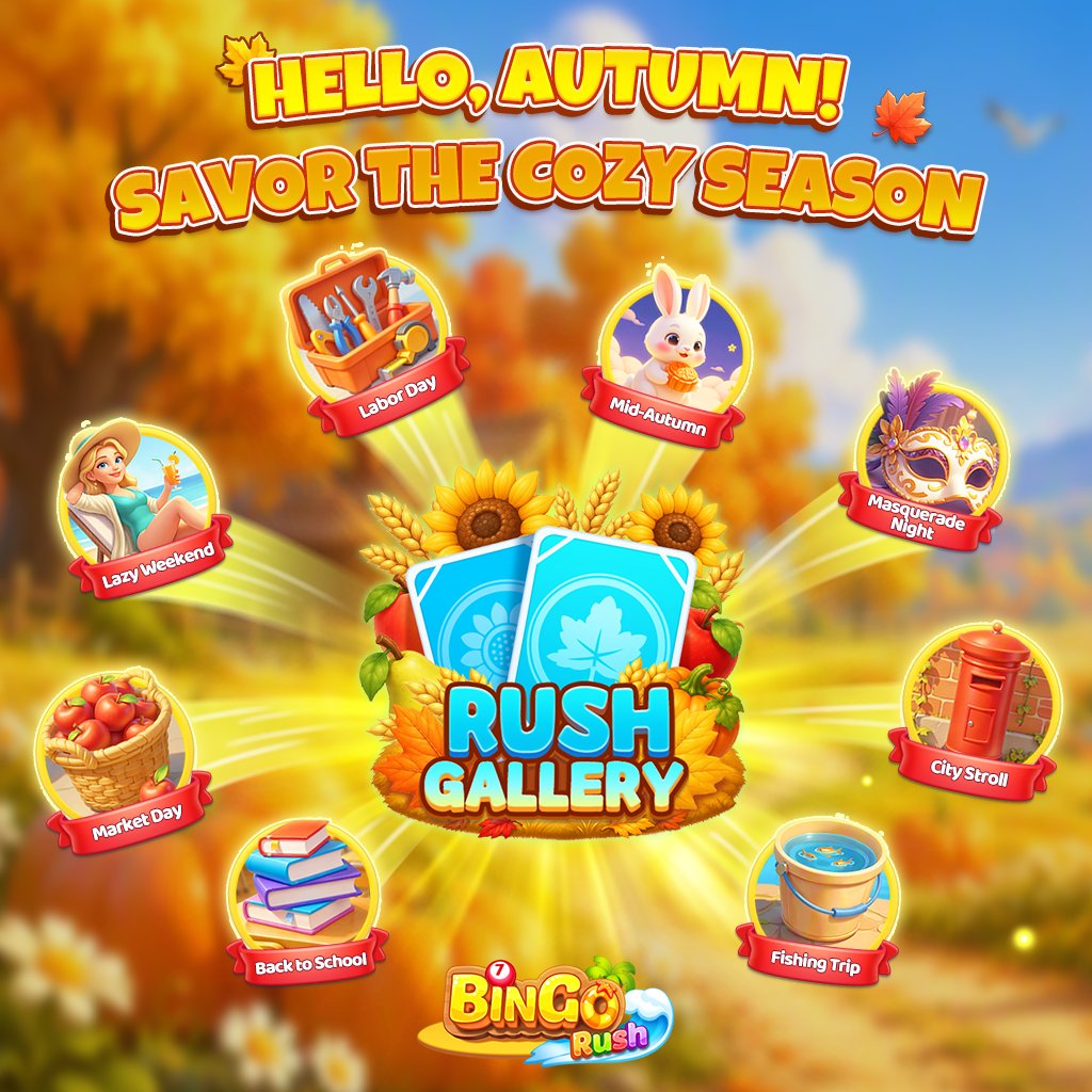 BingoRushGame's tweet photo. 🌤️ Savor the cozy season in Rush Gallery: 𝗛𝗲𝗹𝗹𝗼, 𝗔𝘂𝘁𝘂𝗺𝗻!

Unwind on a picnic, find fresh market treats🍎, or gaze at the glowing moon🌕!

Card sharing is coming soon, so you can request cards from friends &amp; club members to claim top ticket rewards faster!💌

#bingo https://t.co/IV9wGCDlKt