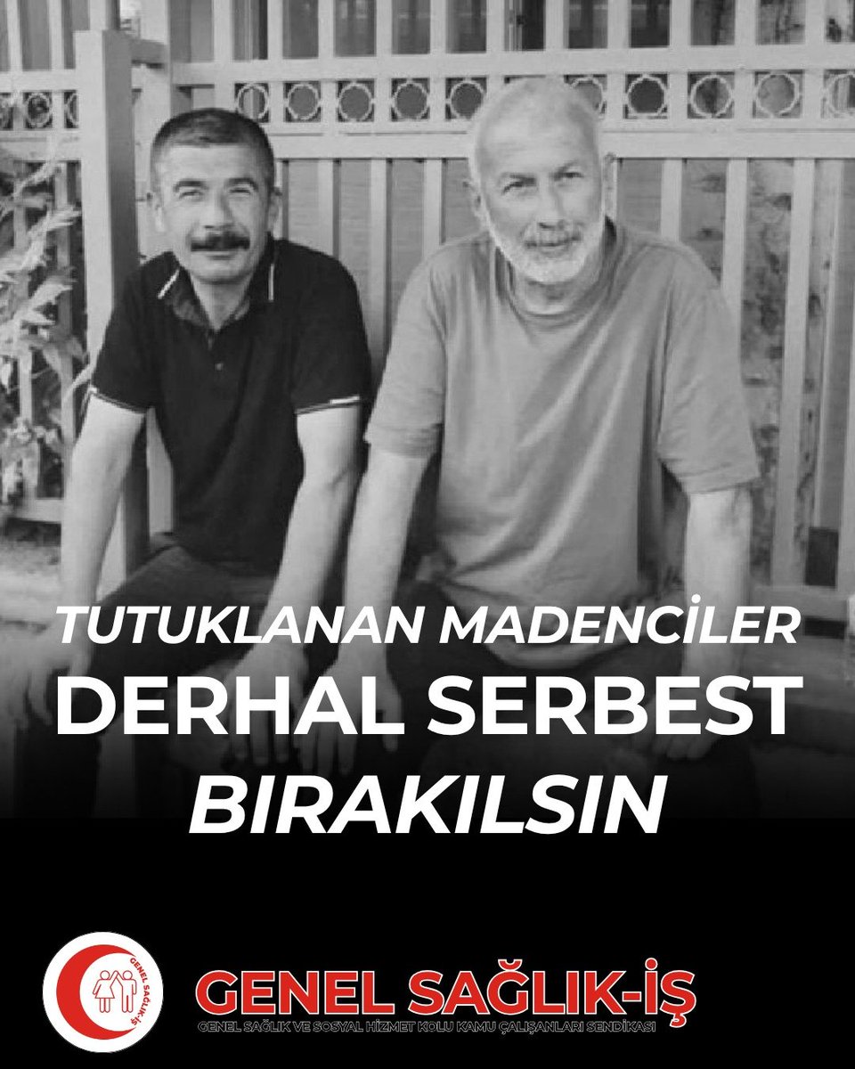 genelsaglikis's tweet photo. TUTUKLANAN MADENCİLER DERHAL SERBEST BIRAKILSIN!

Hakları, alın terleri ve onurları için aylardır direnen maden işçileri ile dayanışma içinde olan Bağımsız Maden-İş Sendikası Genel Başkanı Gökay Çakır ve Örgütlenme Uzmanı Başaran Aksu’nun tutuklanmasını en sert biçimde kınıyoruz!

Bu karar, siyasi iktidarın işçiden değil, sermayeden yana; emekçiden değil, holding patronlarından yana olduğunu bir kez daha açıkça göstermiştir.
Genel Sağlık-İş olarak bizim tarafımız bellidir: Patronların, holdinglerin, sermayenin değil; alın terinin, emeğin ve direnen işçinin tarafındayız.
Aylardır Ankara’da direnen, Enerji ve Tabii Kaynaklar Bakanlığı önünde haklarını haykıran maden işçilerinin taleplerini görmezden gelen siyasi iktidar, çözüm üretmek yerine sendikacıları tutuklayarak emek mücadelesini susturmaya çalışmaktadır.

Buradan açıkça ilan ediyoruz:
İşçinin hakkını isteyen sendikacıyı tutuklayarak, işçinin sesini kısamazsınız!
Madenciyi susturarak sömürüyü gizleyemezsiniz!
Sendikacıları cezaevine göndererek işçilerin haklı taleplerini ortadan kaldıramazsınız!

Yıldızlar SSS Holding’e adeta peşkeş çekilen maden işletmelerinde emeği ve alın teri sömürülen yüzlerce işçinin yanındayız. Onların mücadelesi, yalnızca kendi ekmekleri için değil; emeğin onuru, sendikal haklar ve adalet için verilen bir mücadeledir.
Siyasi iktidar, patronların karşısında eğilip işçinin karşısında ‘’hukuk’’ sopasını sallamaktan vazgeçmelidir. 

Bu hukuksuzluğa derhal son verilmeli, Gökay Çakır ve Başaran Aksu derhal serbest bırakılmalıdır!
Madencilerin talepleri derhal karşılanmalı, aylardır sürdürülen mağduriyet sona erdirilmelidir!

Baskılar, gözaltılar, tutuklamalar bizi yıldıramaz!

@deryaugur19 @bagimsizmadenis @TCEnerji

#MadenciMutlakaKazanacak