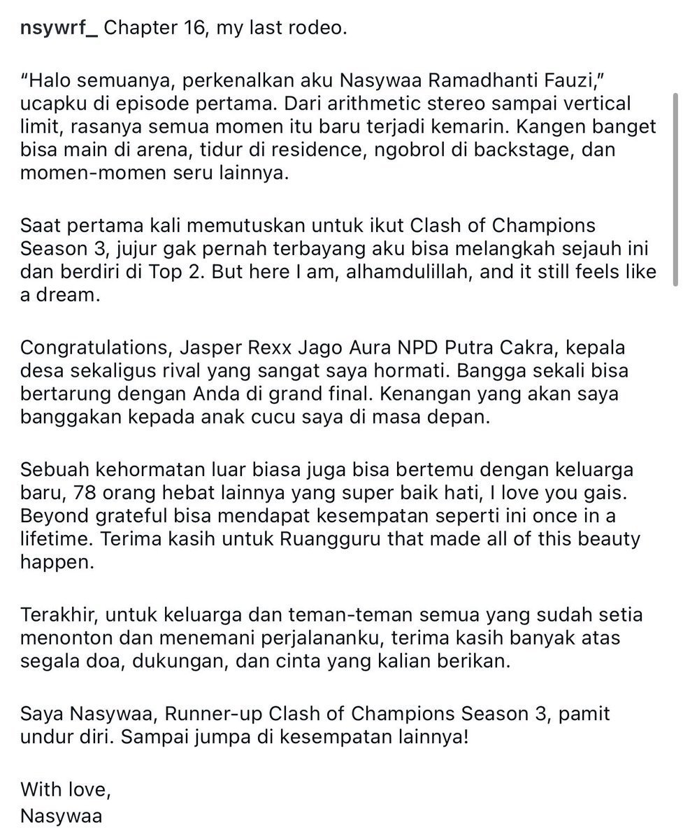 adanca_'s tweet photo. Our beloved, Nasywaa Ramadhanti Fauzi
Terima kasih sudah ikut CoC season 3. Orang yang pertama aku suka di episode pertama, akhirnya bertahan sampai episode akhir. Kamu perempuan pintar, keren, berani, cantik budi pekerti. Semoga makin menginspirasi, semoga Allah berkahi <3 https://t.co/gn6hyPROwG