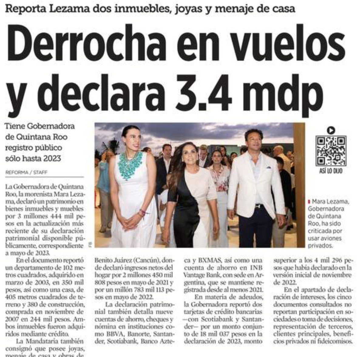 acastilloDC's tweet photo. La declaración patrimonial de Mara Lezama reporta bienes por 3.4 millones de pesos. Sus vuelos privados suman 20 millones. Gastó seis veces su patrimonio declarado en aviones. Y Sheinbaum dice que ya explicó. https://t.co/Nc9SvZ2epv