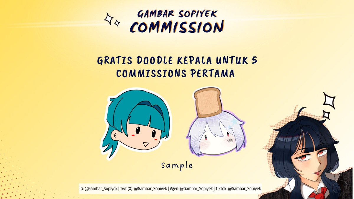 Gambar_Sopiyek's tweet photo. Gambar Sopiyek #Commissionsopen ✨
[🔄&amp;❤ are very appreciated]

Hello!! Finally, college is over and I’m back wth my #commission
Included:
- anime style
- chibi icon
- YCH

[Ps: Ada free doodle kepala untuk 5 komis pertama]. https://t.co/z8q30QlVJq