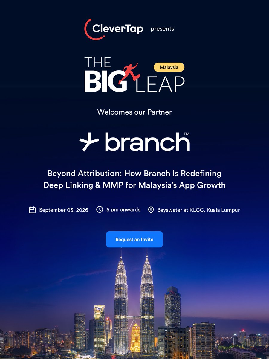 CleverTap's tweet photo. We’ve got @branchmetrics joining us, and we’re pretty excited about it. 🙌 

The Big Leap, presented by CleverTap, welcomes Branch to Kuala Lumpur to take the stage and dive into “Beyond Attribution: How Branch Is Redefining Deep Linking & MMP for Malaysia’s App Growth”, with a closer look at what’s next for app growth in the region.

And with digital leaders in the room, we’re looking forward to an exchange of ideas, experiences, questions, and a whole lot of perspectives. 

📍 Bayswater at KLCC, Kuala Lumpur
📅 September 3, 2026 | 5 PM onwards

#CleverTap #TheBigLeap #Branch #CustomerEngagement #Malaysia #MarTech