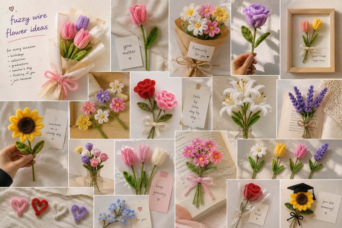 MaryJeiel's tweet photo. Trying another small business idea: fuzzy wire flowers🌷

I’ll make a few samples for different occasions and see if people actually order. https://t.co/houVUCdVhW