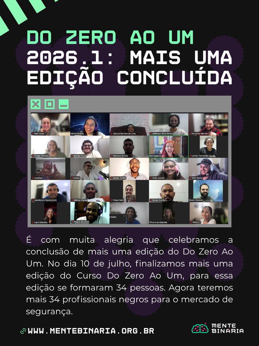 mentebinaria's tweet photo. Em julho, formamos 34 profissionais negros em computação e segurança. E, em agosto, uma nova turma já começou!

Em 2026, são duas edições do programa. Seguimos levando educação, autonomia e diversidade para a tecnologia. 🚀

https://t.co/Bs2TW1LLBq https://t.co/oS6OLLtwtI