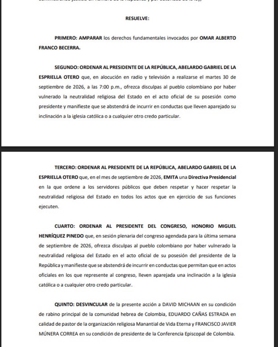 DavidGerardoC's tweet photo. ¡Los jueces no tienen la facultad de imponer un laicismo militante ni de perseguir la fe de los ciudadanos!

La pregunta constitucional correcta en una posesión jamás debe ser si existieron elementos religiosos en un acto estatal. 

El verdadero interrogante es si el Estado coaccionó e impuso una creencia incompatible con la libertad de conciencia y de cultos (Arts. 18 y 19).

Este fallo constituye un flagrante exceso constitucional y un peligroso precedente que vulnera el pluralismo jurídico y la neutralidad del Estado.