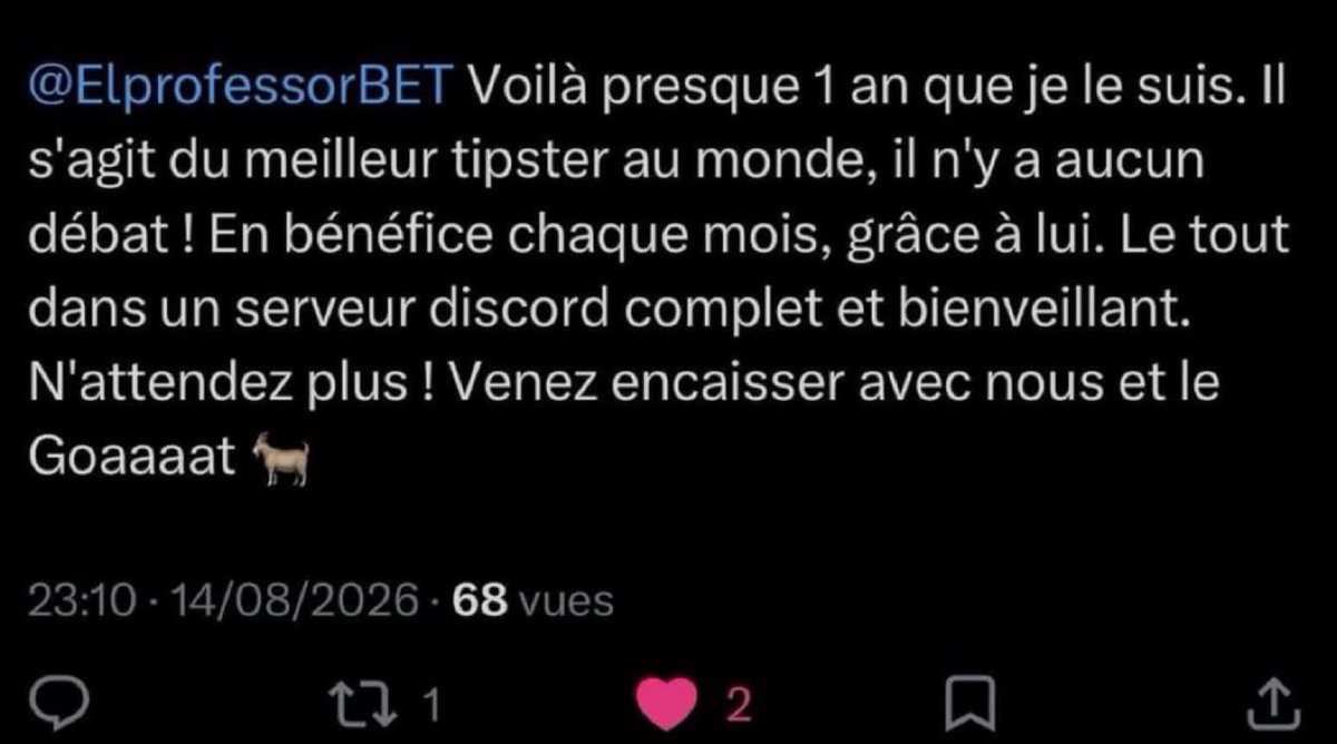 ElprofessorBET's tweet photo. ☕️Dispo pour répondre à toutes vos questions 📨

💻PROGRAMME DU JOURS DISPONIBLE

🎾TOP CONFIANCE ATP 💎 @ 1,57 
🎾TOP CONFIANCE WTA 💎@ 1,68 
🇪🇺TOP CONFIANCE EUROPA 💎@ 1,89 
🎁DÉFI BET365 💸

Mise en simple , si on fait un 2/3 ça sera une belle journée 🥂

👥 +400 membres VIP au total.
0 retour négatif. Ce n’est pas du hasard, c’est le fruit du travail, de la discipline et de l’expérience.

💸 Combien t’ont déjà coûté les “conseils gratuits” de pseudo-tipsters sans aucune expérience ?

Les gagnants agissent. Les autres regardent. 🐐💸

#TeamParieur #Parionssport #Gambling𝕏