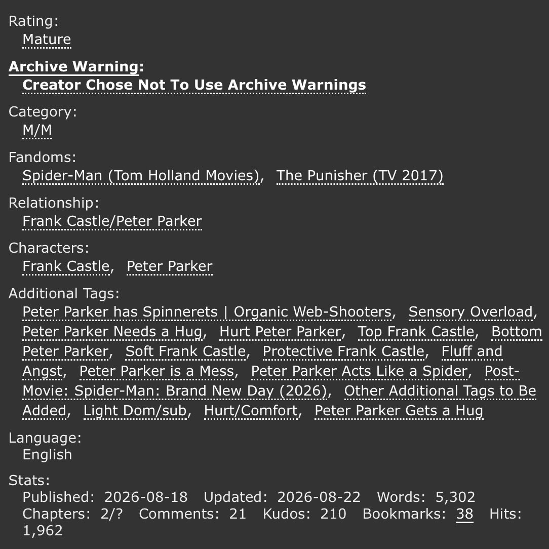 peterfrankingit's tweet photo. [🕸️] SOLACE by @/OWL408

𖦏 MATURE  ⊹  CHAPTERS: 2/? (on-going)
𖦏 hurt/comfort, dom/sub dynamics,
improper use of organic web shooters

�� https://t.co/2OSkssgOmq
#spideycastle #peterfrank #spideyskull https://t.co/g1WxXtKDky