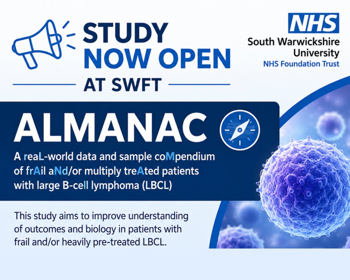 ResearchSWFTGEH's tweet photo. 📢Study now open at SWFT: ALMANAC. We're proud to support research that aims to improve understanding of outcomes and disease biology in patients with Large B-Cell Lymphoma, helping to inform future research and care. @CancerWarwick @nhsswft https://t.co/HN939ps94e