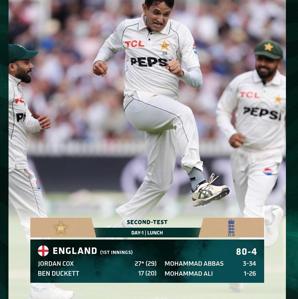 noman_695's tweet photo. A bright start for Pakistan with regular strikes in the morning session 🎯

England are 80-4 at lunch 🏏

#ENGvPAK | #PakistanCricket https://t.co/Y3PJOUdfsB