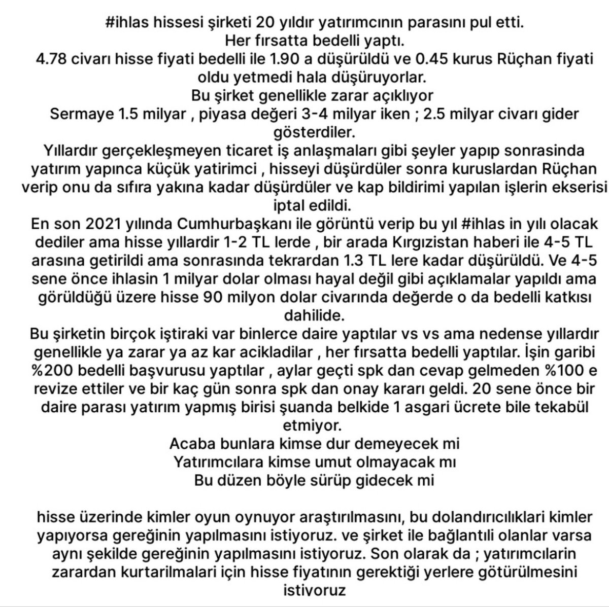 CengaverKalin's tweet photo. @2727mmg2727 Sayın vekilim 
#ihlas hissesinde yıllardır mağdur ediliyoruz, kimse bunlara hiçbirsey demiyor. Acaba yardımcı olabilir misiniz https://t.co/S6kTibKXeW