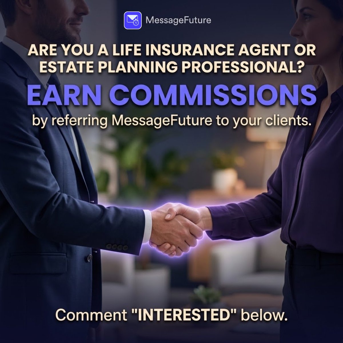 messagefuture_'s tweet photo. Are you a Life Insurance Agent?

MessageFuture helps people preserve what matters most, not paperwork, but presence: a father's voice, a mother's advice, the words someone wants their family to have long after they're gone. 

Scheduled messages for future birthdays and weddings. Timeless messages a Guardian delivers at the right moment. An AI Twin loved ones can still turn to.

As a referral partner, you can introduce MessageFuture to your clients and earn commissions when they sign up.

🌐 Our website: https://t.co/XwP4IyIrNp
📃 Details here: https://t.co/j0J6tlLKRa

Comment "INTERESTED" below and we'll reach out 👇

#MessageFuture #InsuranceAgent #InsuranceAgents #CommentInterested #ReferralPartner #EarnCommissions