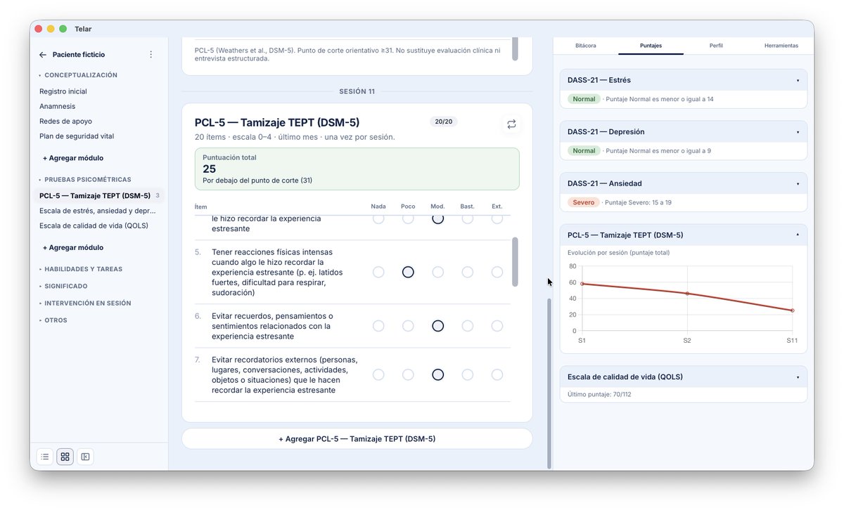 telarapp's tweet photo. La versión beta de @telarapp  ya está en vivo (Windows y macOS). App para armar programas de psicoterapia con IA: escalas validadas con corrección automática, módulos de sesión y material clínico. Demo gratis hasta 3 pacientes. Entra a https://t.co/MuwRa0rPjI https://t.co/fa5DSsChWh