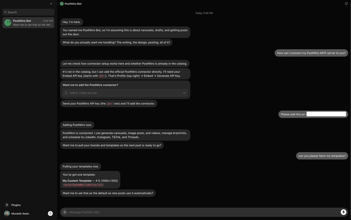 muneeb_builds's tweet photo. This felt so cool! :D

I couldn't find @postnitroai plugin in Grok @bot (thought it would get fetched from @cursor_ai directory) 😅 

Couldn't find a way to attach an MCP, so I just asked it how and it asked me to just provide the key!!

It felt too good to be true so asked it to fetch my templates and it did .. 🤯

Now, I am creating an automation to see how it works!