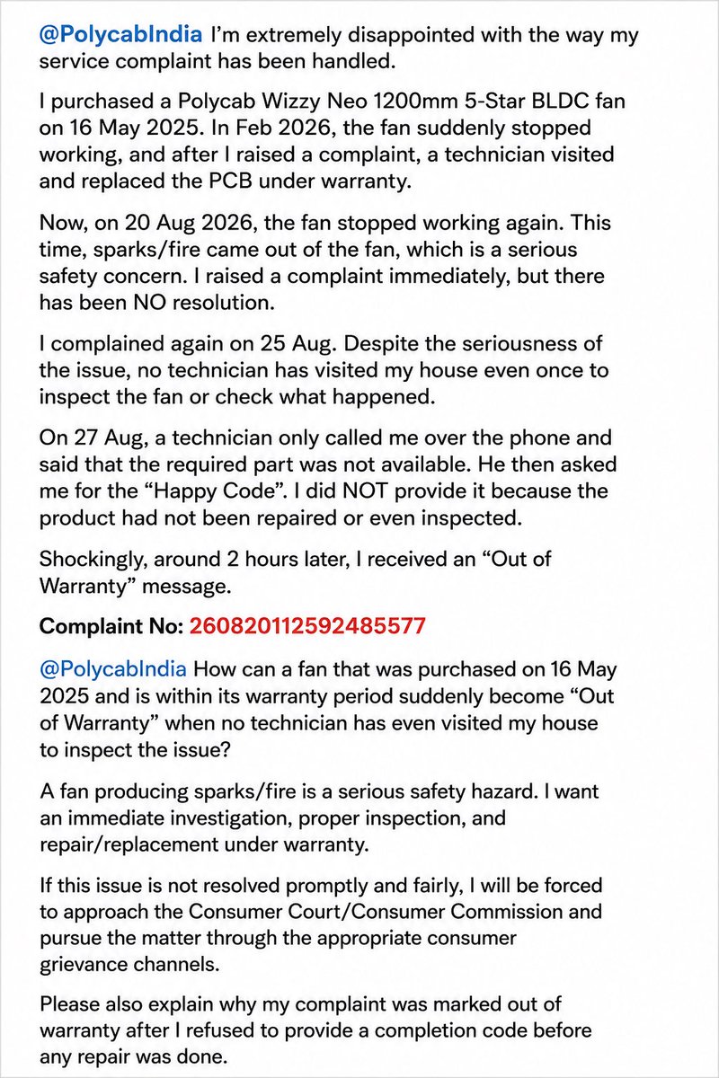 aditya9vyas's tweet photo. @PolycabIndia My Wizzy Neo 1200mm BLDC fan, bought 16 May 2025, stopped working on 20 Aug 2026, with sparks/fire coming from it. Serious safety hazard. https://t.co/a1mzhZivAD