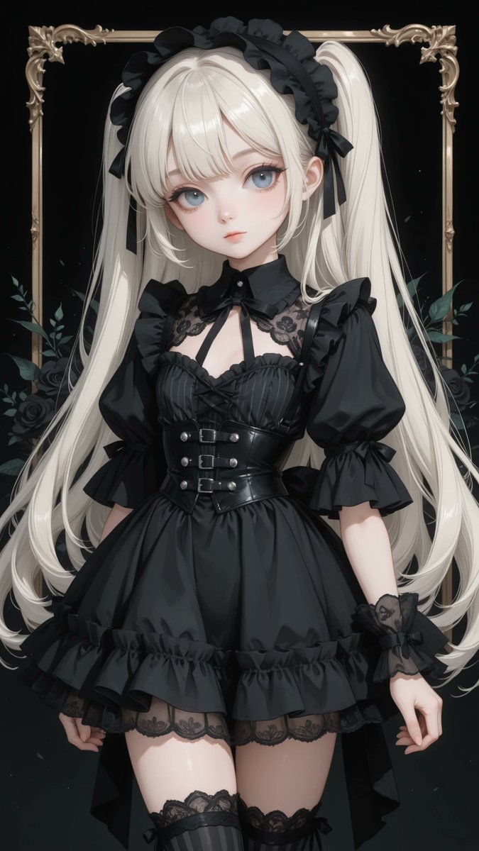 AliceLavli's tweet photo. 半袖にミニ丈の夏用ゴシックロリータドレスの衣装プロンプトをどうぞ✨
summer gothic lolita mini dress, strict jet-black color scheme, lightweight black fabric with fine vertical charcoal pinstripes, fitted bodice, wide black Peter Pan collar, black floral-lace chest yoke framed with narrow ruffles, very short rounded puff sleeves covering only the shoulders and ending immediately below the armpits, high upper-arm sleeve cuffs, completely bare arms from the upper arms to the wrists, wide structured underbust corset belt with symmetrical silver eyelets, black side lacing and a vertical row of small silver studs, sharply fitted waist, short mid-thigh bell skirt, layered flared silhouette, curved striped overskirt panels, black ribbon drawstrings with small metal tips, soft black ruffled underskirt, scalloped black floral-lace hem, fixed black and dark-charcoal palette, lightweight summer construction