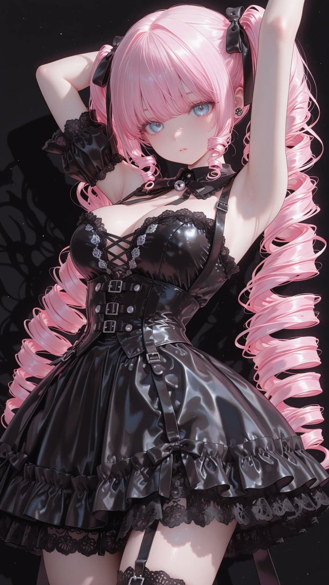 AliceLavli's tweet photo. 半袖にミニ丈の夏用ゴシックロリータドレスの衣装プロンプトをどうぞ✨
summer gothic lolita mini dress, strict jet-black color scheme, lightweight black fabric with fine vertical charcoal pinstripes, fitted bodice, wide black Peter Pan collar, black floral-lace chest yoke framed with narrow ruffles, very short rounded puff sleeves covering only the shoulders and ending immediately below the armpits, high upper-arm sleeve cuffs, completely bare arms from the upper arms to the wrists, wide structured underbust corset belt with symmetrical silver eyelets, black side lacing and a vertical row of small silver studs, sharply fitted waist, short mid-thigh bell skirt, layered flared silhouette, curved striped overskirt panels, black ribbon drawstrings with small metal tips, soft black ruffled underskirt, scalloped black floral-lace hem, fixed black and dark-charcoal palette, lightweight summer construction