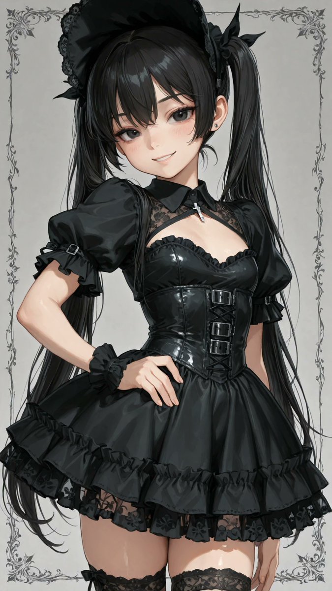AliceLavli's tweet photo. 半袖にミニ丈の夏用ゴシックロリータドレスの衣装プロンプトをどうぞ✨
summer gothic lolita mini dress, strict jet-black color scheme, lightweight black fabric with fine vertical charcoal pinstripes, fitted bodice, wide black Peter Pan collar, black floral-lace chest yoke framed with narrow ruffles, very short rounded puff sleeves covering only the shoulders and ending immediately below the armpits, high upper-arm sleeve cuffs, completely bare arms from the upper arms to the wrists, wide structured underbust corset belt with symmetrical silver eyelets, black side lacing and a vertical row of small silver studs, sharply fitted waist, short mid-thigh bell skirt, layered flared silhouette, curved striped overskirt panels, black ribbon drawstrings with small metal tips, soft black ruffled underskirt, scalloped black floral-lace hem, fixed black and dark-charcoal palette, lightweight summer construction